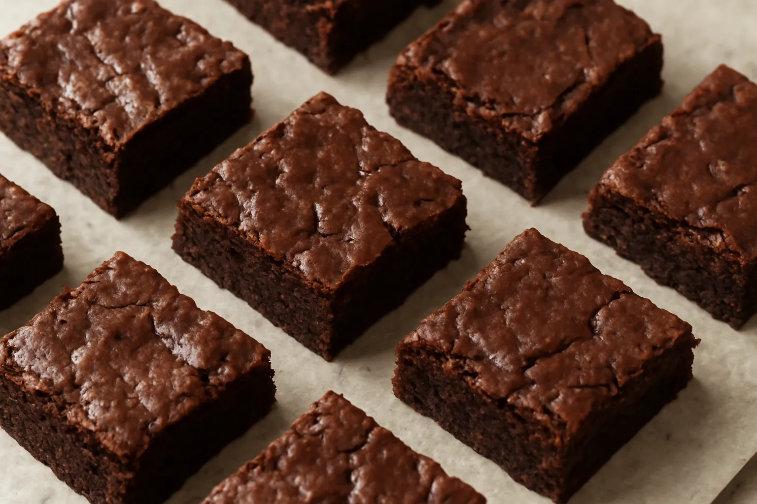 Miếng brownie sô cô la cắt vuông xếp trên giấy nến
