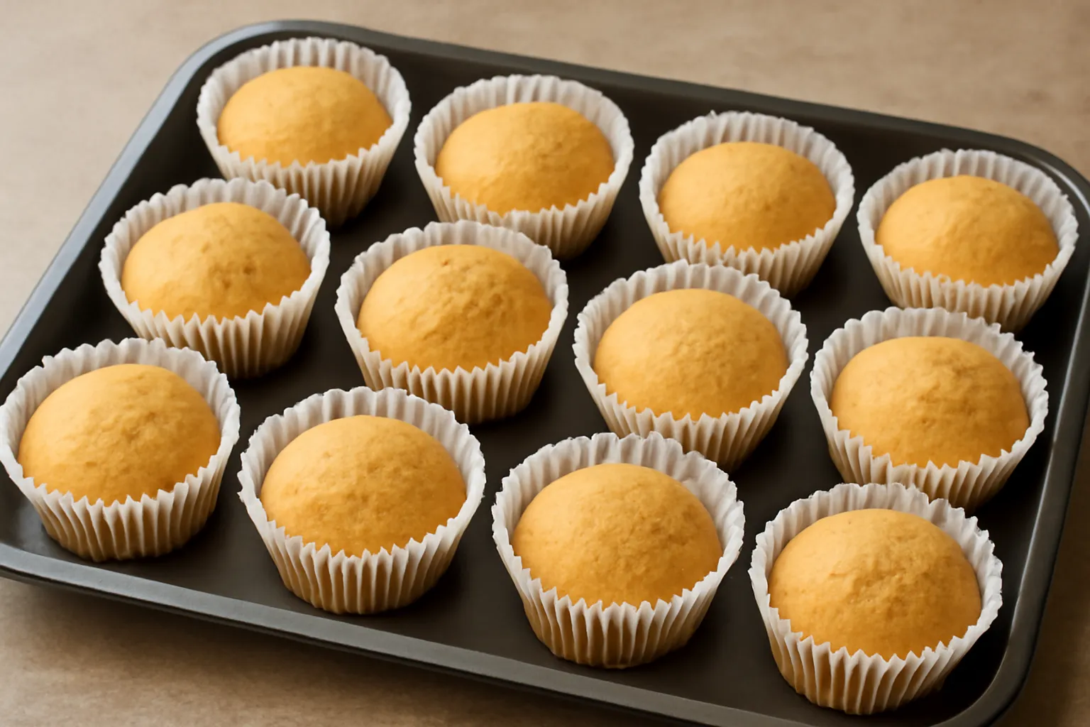Khay bánh cupcake vừa nướng xong trong khuôn giấy