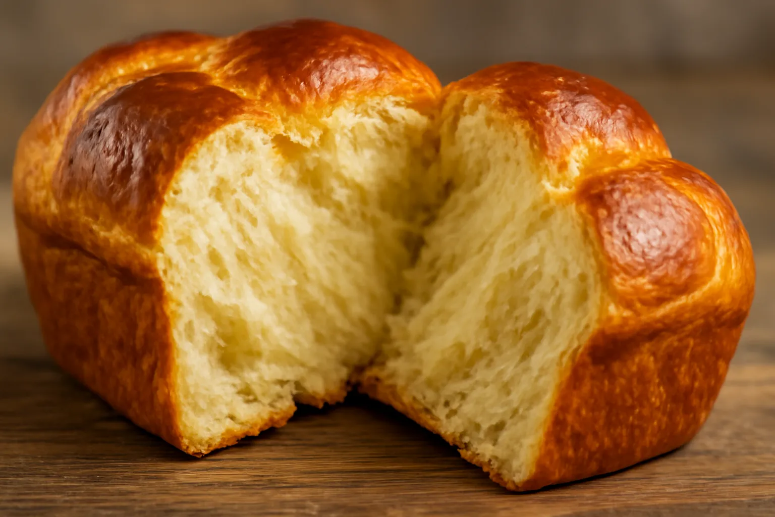 Ổ bánh mì ngọt vàng nâu xé đôi thấy ruột mềm