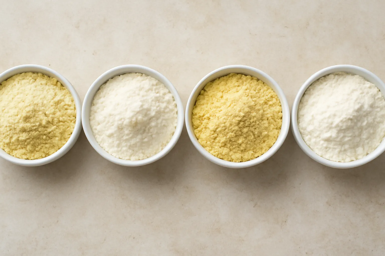 Các loại bột không gluten đựng trong bát nhỏ xếp cạnh nhau