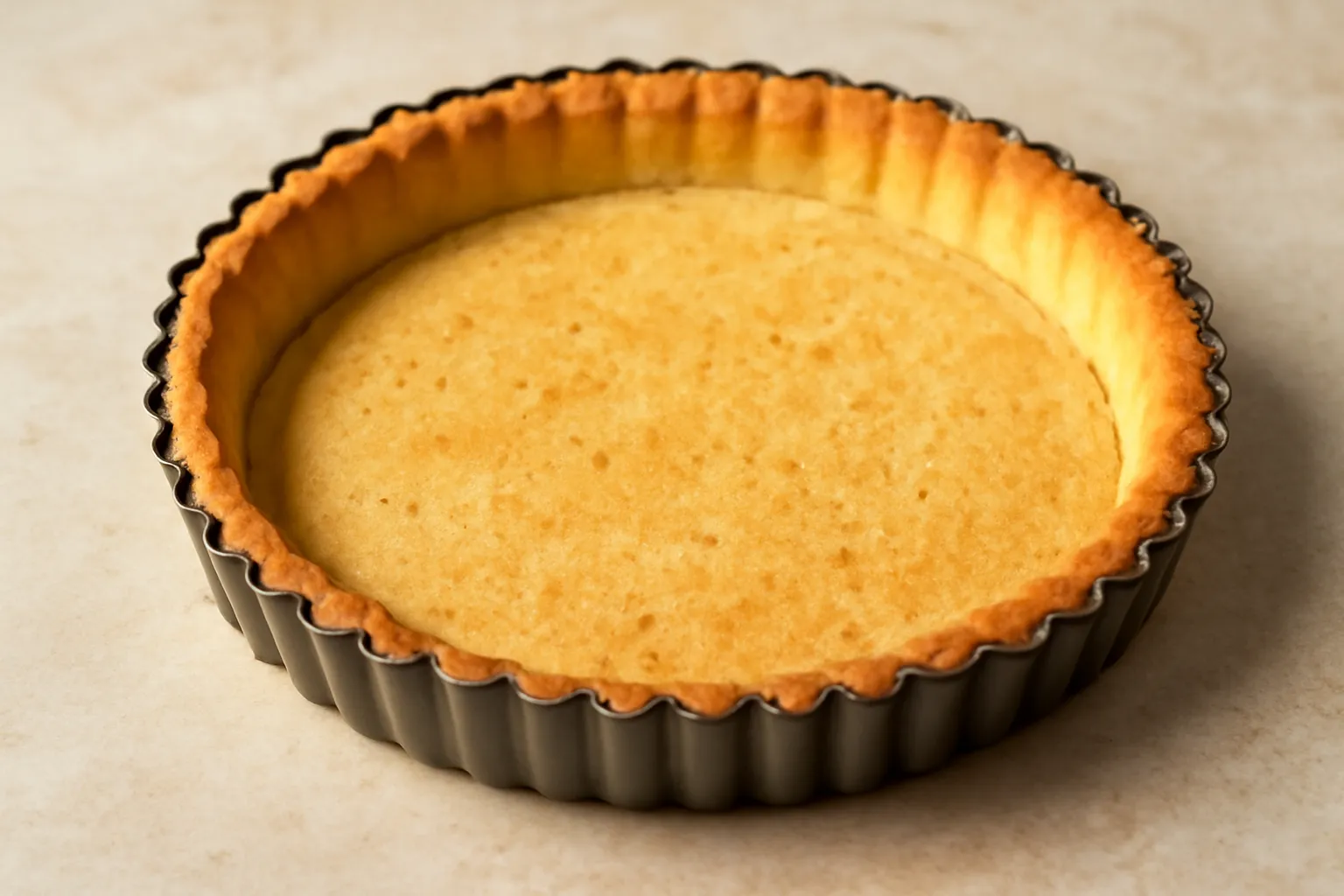Vỏ bánh tart nướng vàng trong khuôn có gợn sóng