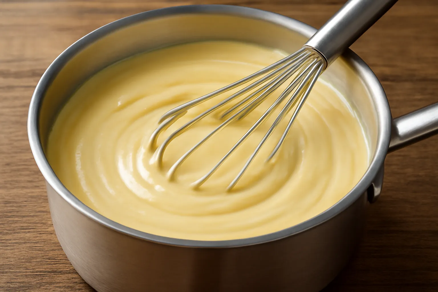 Nồi sốt custard vàng sánh đang được khuấy bằng phới lồng