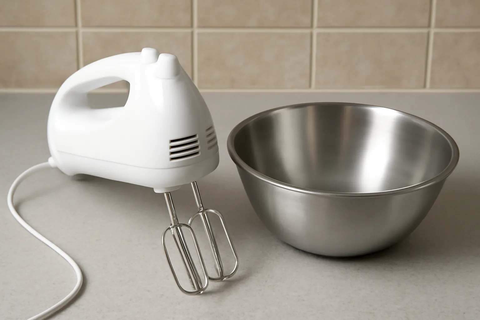 Máy đánh cầm tay đặt cạnh bát inox trên bàn bếp