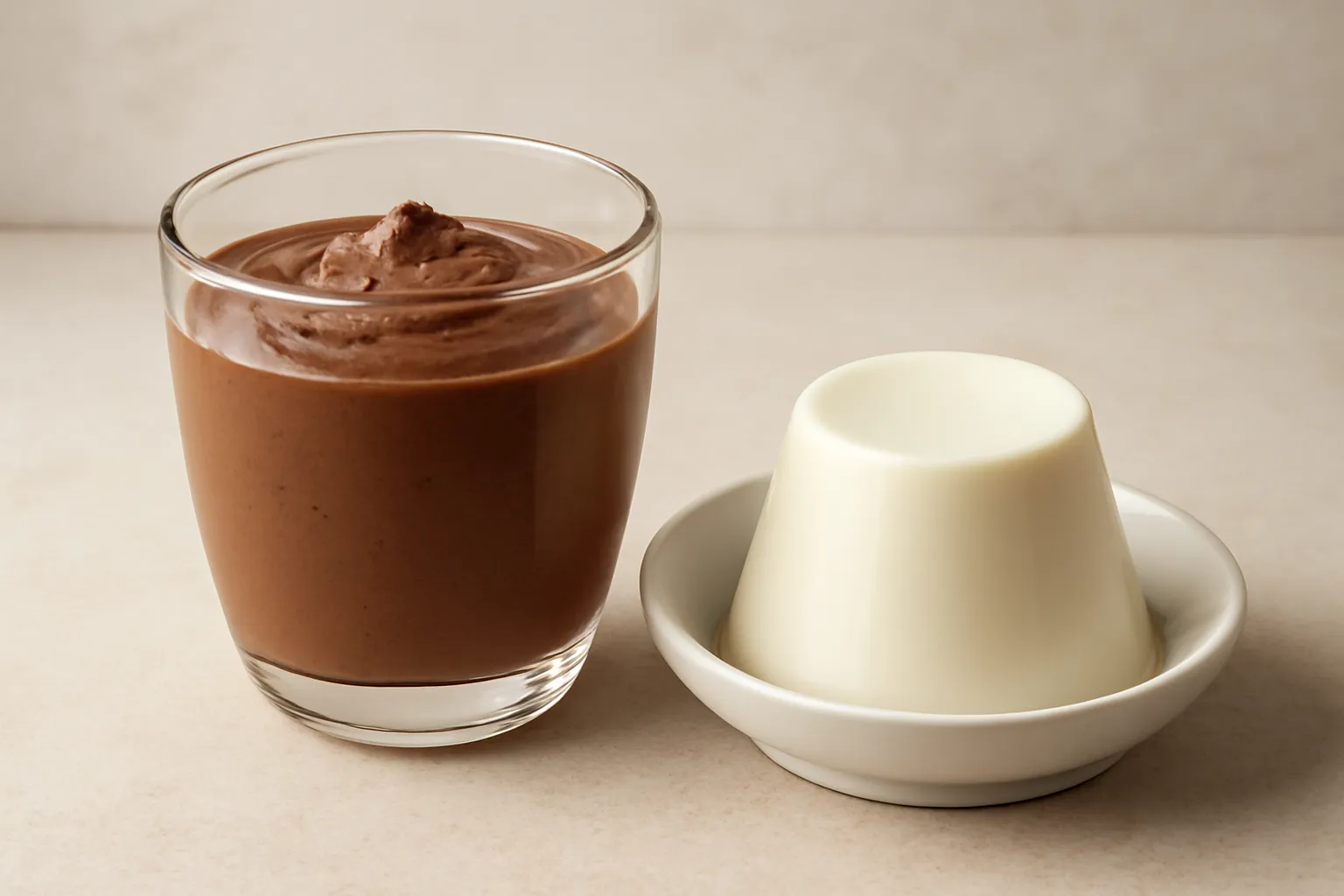 Ly mousse sô cô la và ly panna cotta trắng đặt cạnh nhau