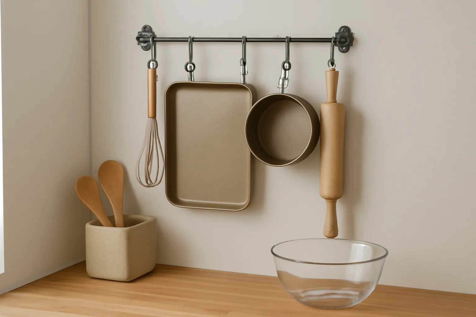 Góc bếp nhỏ với kệ treo và vài dụng cụ làm bánh