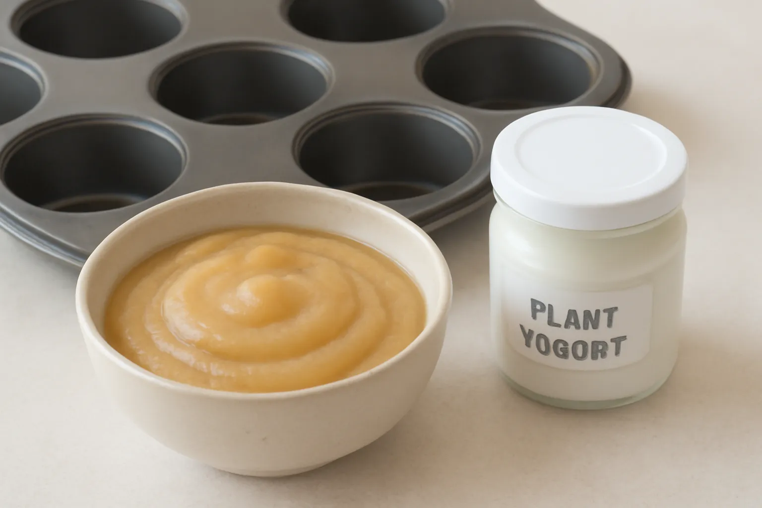 Bát táo nghiền và hũ sữa chua thực vật đặt cạnh khuôn bánh muffin